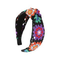 LIANXUE Floral Knitted Headband for Women Stretch Turban Floral Crocheted Granny-Square Ethnic Style Tie Head Wrap Headband