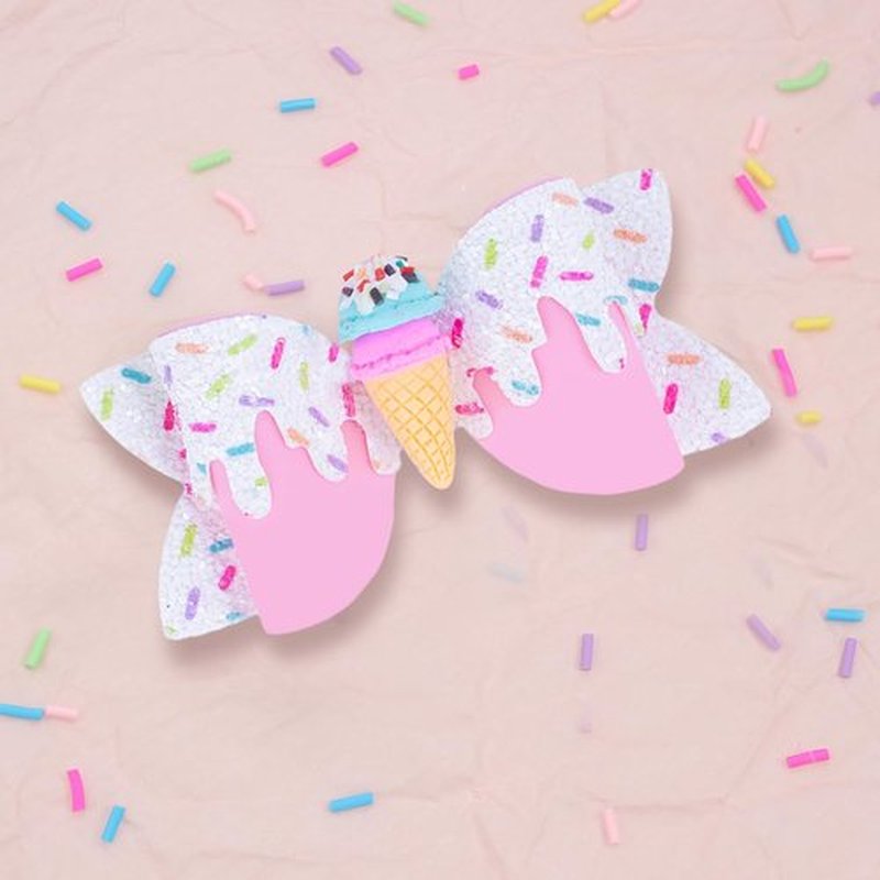 Ice Cream Hair Bow Clips, 3.4 Inch Sparkly Confetti Sprinkle Birthday Hair Bows Full Lined Metal Alligator Clips Boutique Bow-knot Hair Accessories for Girls Toddlers Kids Teens - Pink & White