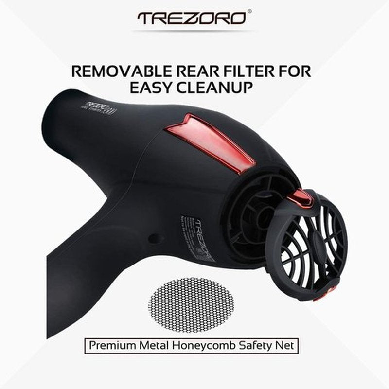 TREZORO Professional Hair Dryer with Diffuser, Ionic Ceramic Tourmaline Technology, 2000W Fast Quiet Drying, With Narrow & Wide Concentrator Nozzles, 3 Heat & 2 Speed Settings, Cool Shot Button, Black