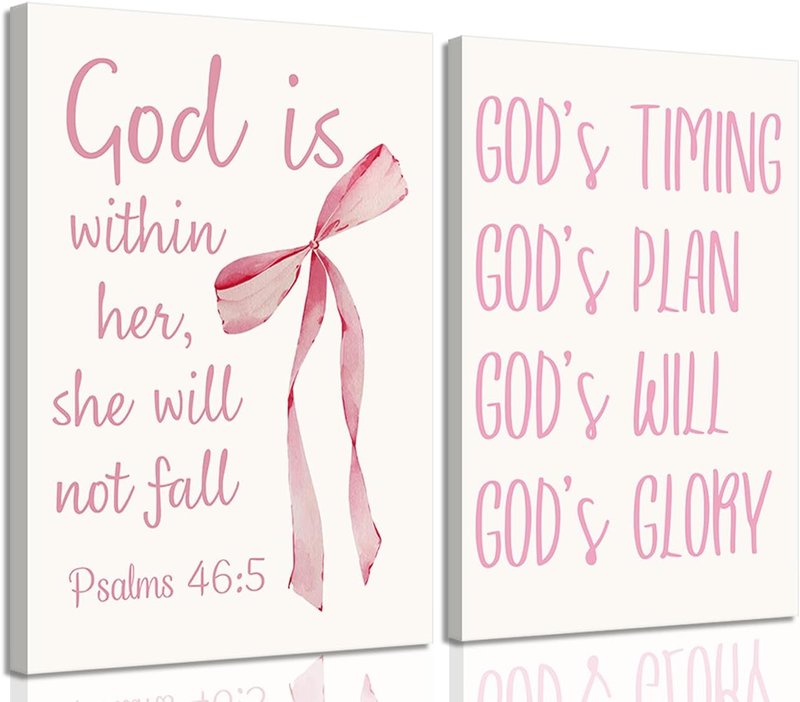 Coquette Pink Bow Canvas Wall Art - Inspirational Bible Verse Prints for Girls' Room | 12"x16" Framed Decor