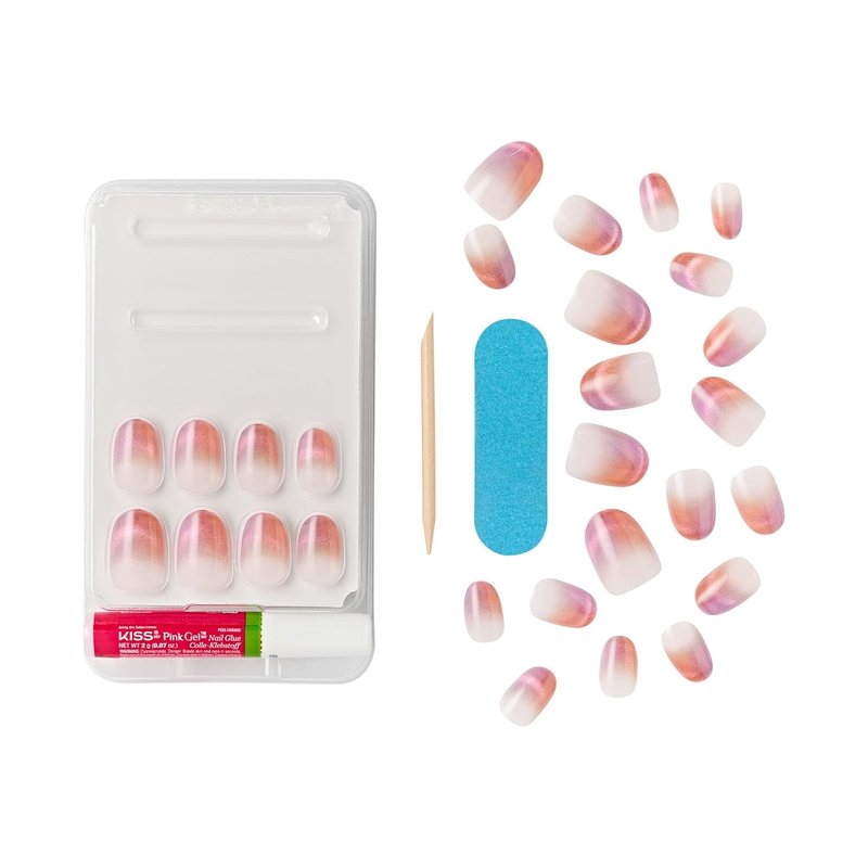 WICKED X KISS Press On Nails - Pink Perfection | Waterproof, Chip-Proof & Smudge-Proof | 28 Short Oval Nails with Gel Glue & Mini File