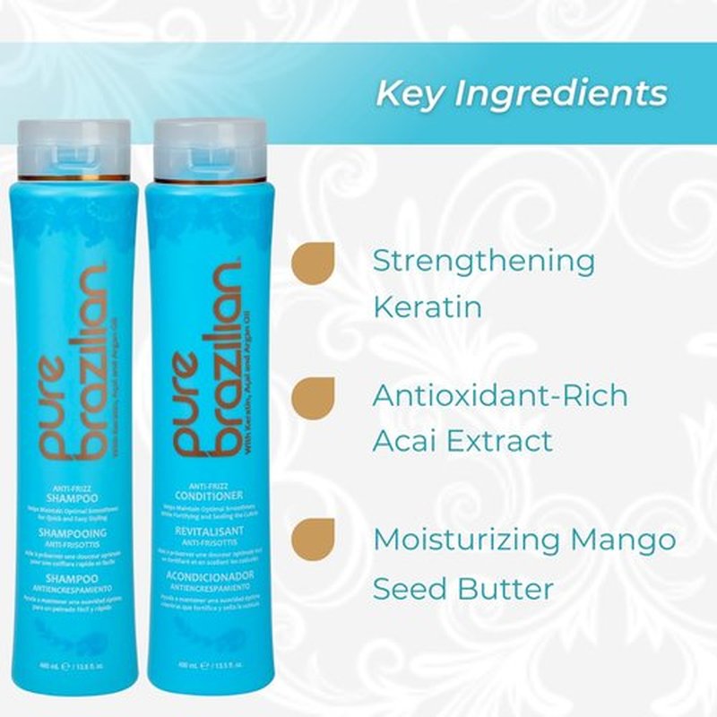 Pure Brazilian Anti-Frizz Shampoo & Conditioner - Salt-Free, Color Safe, Keratin & Argan Oil, 13.5 Oz