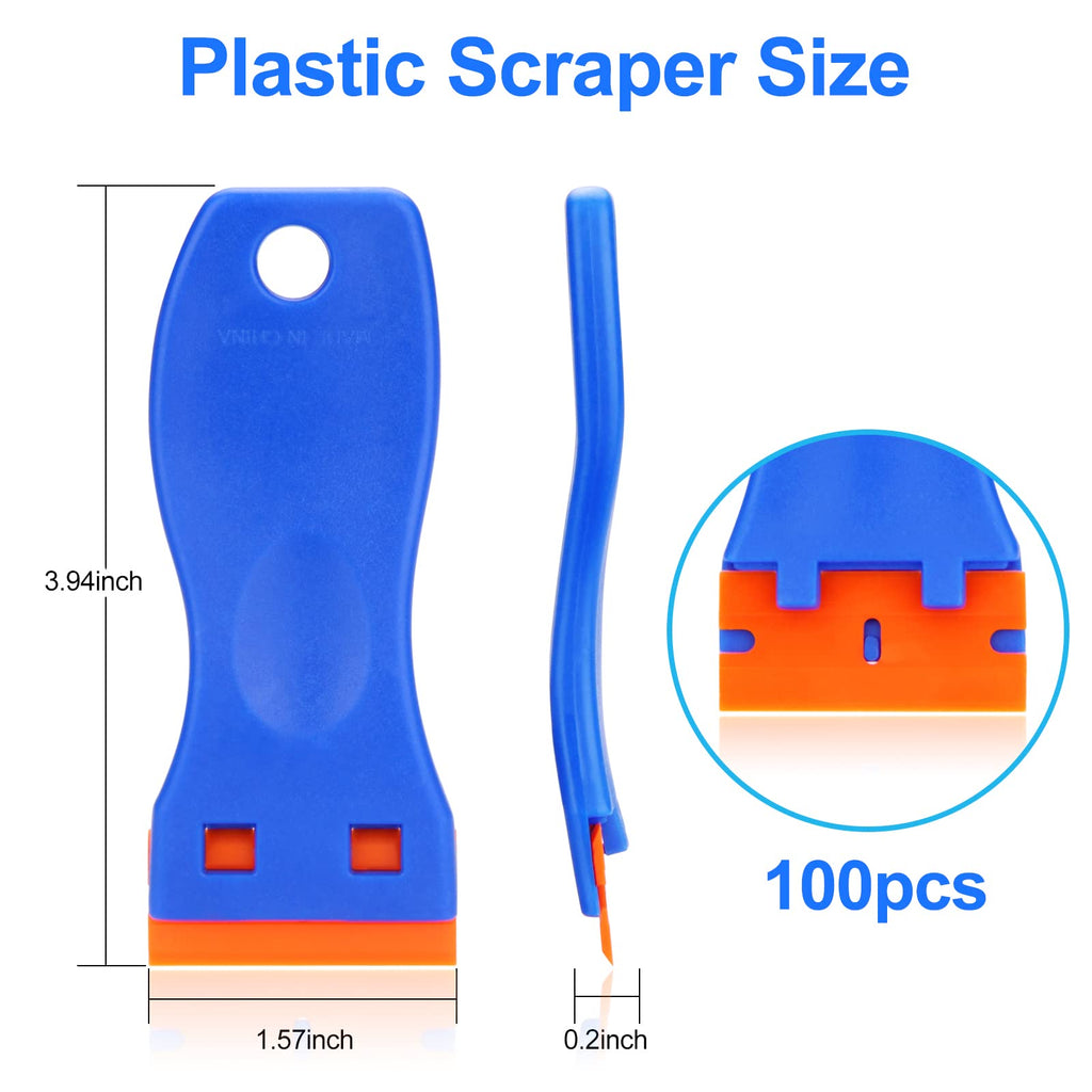 4 Pcs Plastic Razor Blade Scraper and 100 Pcs Blades, Remove Label Decal Tool， Forwithout Scratches Plastic Razor Blade Scraper, Adhesive Remover for Stickers, Gaskets and Paints on Window Car Glass
