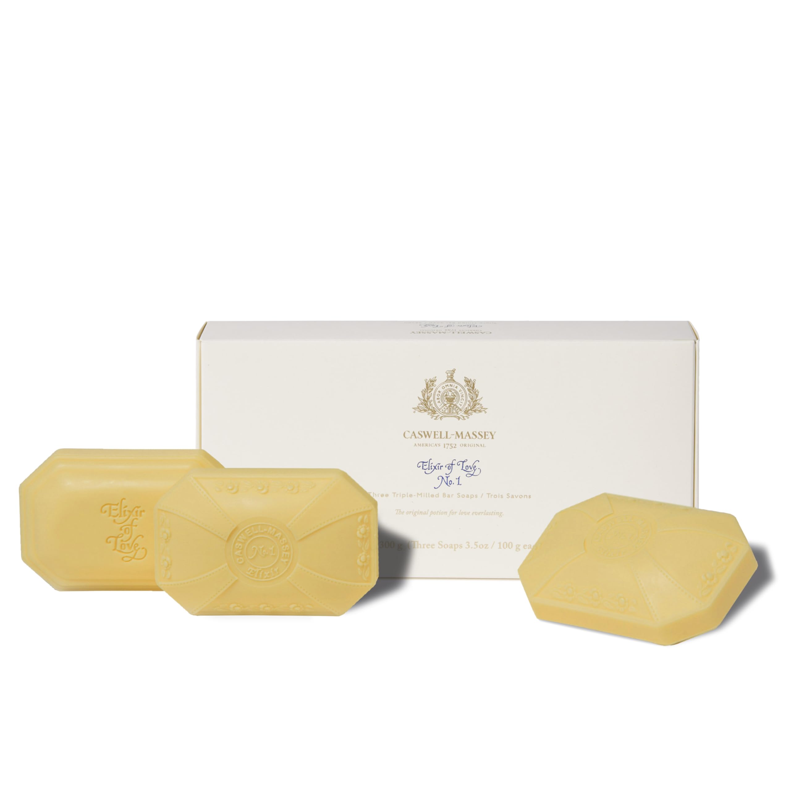 Caswell-Massey Natural Bar Soap Gift Set - Elixir of Love Scent - Romantic Triple-Milled Moisturizing Body Soap Bars for Women, Plant-Based Formula for Soft Skin, Made in USA, 3 x 3.5 oz