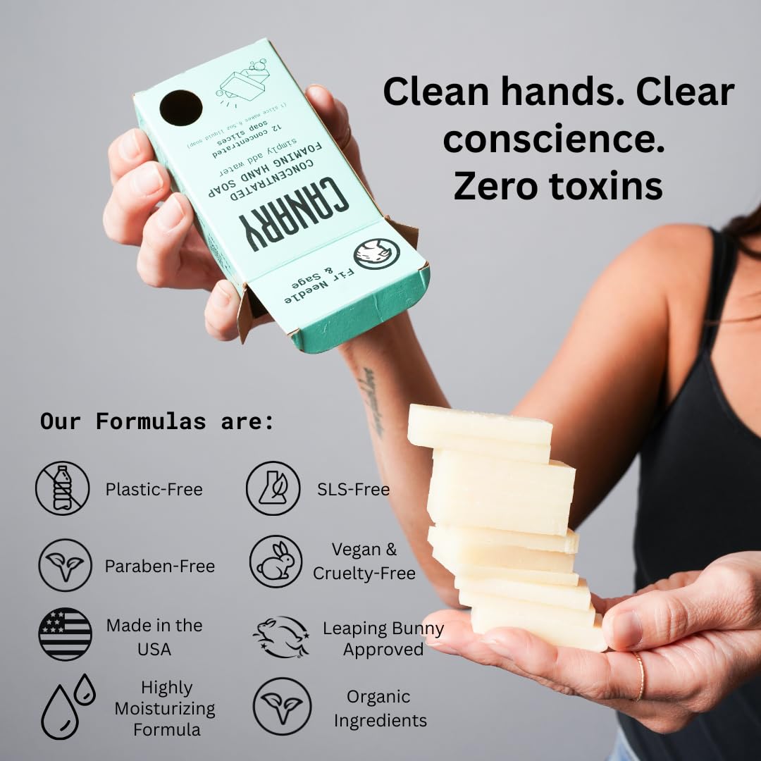 Canary Organic Hand Soap Kit (1 Glass Bottle, Reusable Foaming Pump, 14 Soap Slices) Moisturizing, Non Toxic Hand Soap Wash with Coconut Oil | All Natural, Zero Waste | Fir & Sage