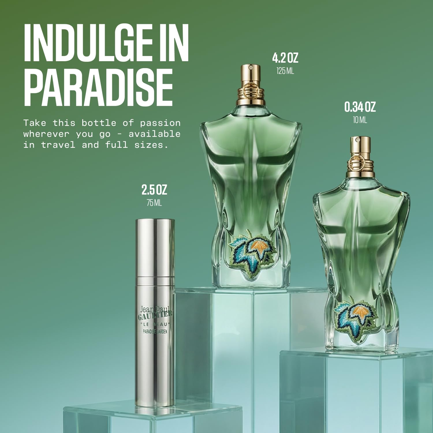 Jean Paul Gaultier Le Beau Paradise Garden Eau de Parfum for Men - Long Lasting Fresh Woody Aquatic Men's Cologne with Coconut Water, Green Fig & Sandalwood - Designer Fragrance Travel Spray, 0.34 oz