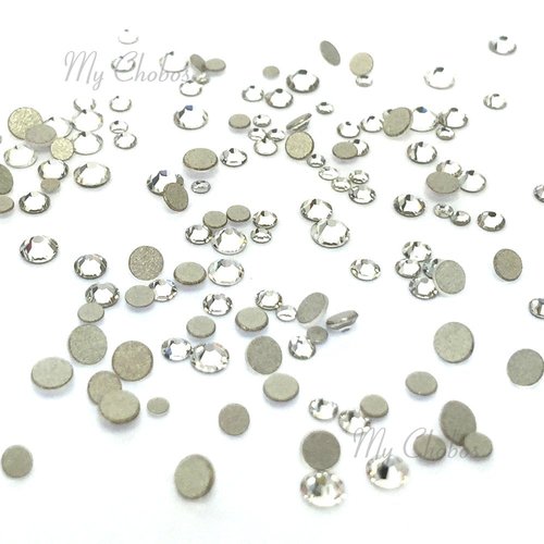 clear Crystal (001) tiny small sizes mixed with Austrian crystal Austria 2058 xilion rose flatbacks sizes ss3, ss5, ss6, ss7, ss9, ss10 no-hotfix rhinestones nail art 144 pcs (1 gross) round bling diy