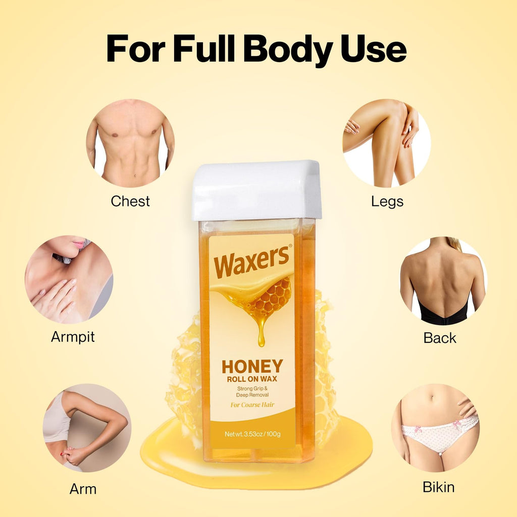 Waxers Roll on Wax Kit for Hair Removal at Home Roller Waxing Depilatory for Women Men Honey Soft Wax Kit for Coarse & Thick Hair with Warmer and Strips