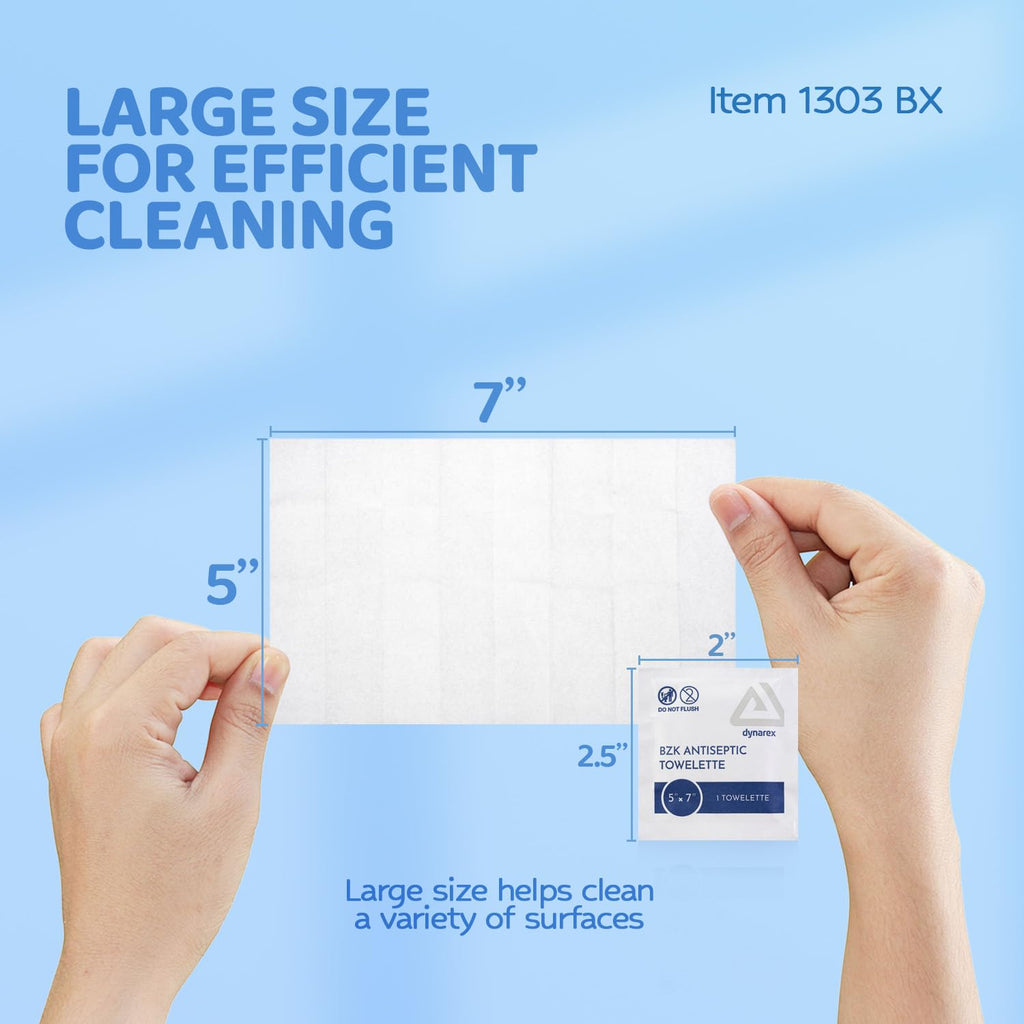 Dynarex BZK Antiseptic Towelettes, 5" x 7", Disposable and Premoistened, Individually Wrapped, 1 Case | 10 Boxes of 100 Dynarex BZK Antiseptic Towelettes