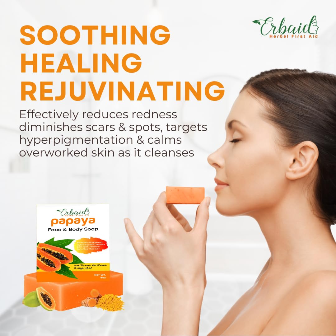 Erbaid Papaya Soap Face & Body Wash – Skin Brightening Papaya Soap Bar for Dark Spots – Reduce Acne, Cleanse Scars, & Even Tone – with Turmeric, Kojic Acid & Essential Oils – for All Types