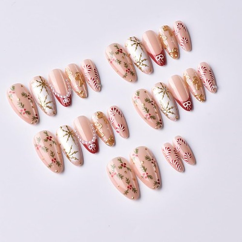 Christmas Press On Nails Medium Almond Fake Nails Press Ons With 3D Pearl Gold Gingerbread Man Design French Bow Holiday False Nails Xmas Candy Winter Snowflake Acrylic Glue On Nails For Women Girls