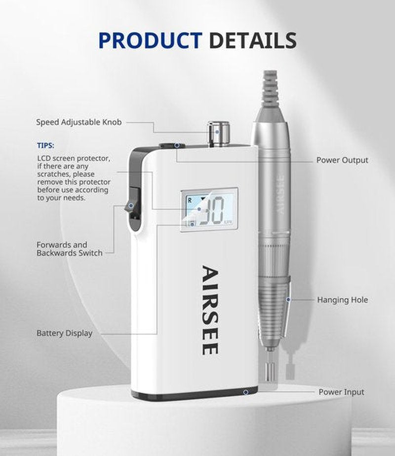 AIRSEE Rechargeable 30000RPM Electric Nail Drill Professional Portable E File Machine for Acrylic Nail Natural Extension Gel Nails Polish Cuticle, Cordless High Speed for Salon Home Use E8 White