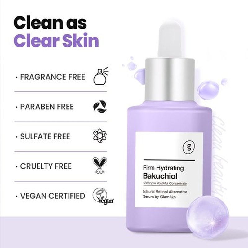 Glam Up Bakuchiol Serum - Anti-Aging Retinol Alternative with Hyaluronic Acid | Hydrate & Blur Fine Lines (1.01 Fl Oz)