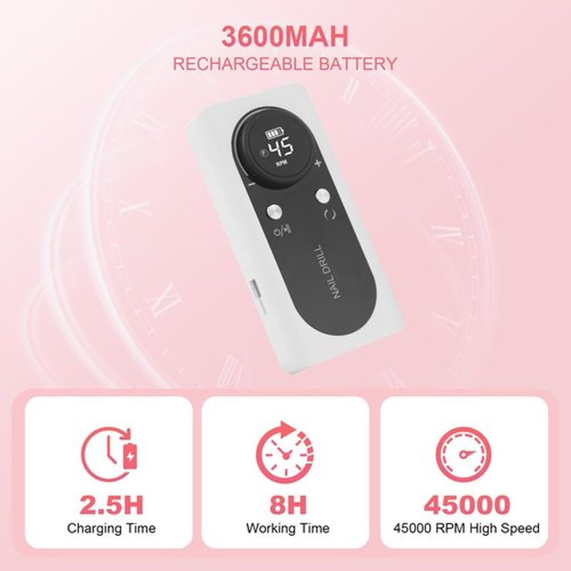 Electric Nail Drill Machine 45000RPM Rechargeable Portable DIY Nail File Electric Nail Drill Kit with Smart LCD Screen for Gel Nail Manicure and Pedicure Reflective Body etc(WHITE)
