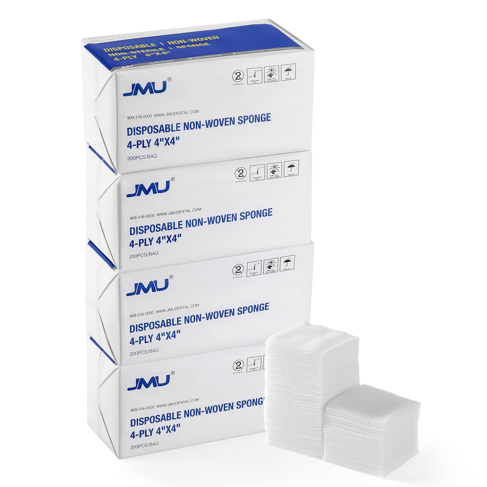 JMU 800 Gauze Pads 4x4, Non Woven Sponges 4-Ply Non-Sterile Guaze All Purpose Gauze Sponges(200Pcs/Bag,Total 4 Bags)