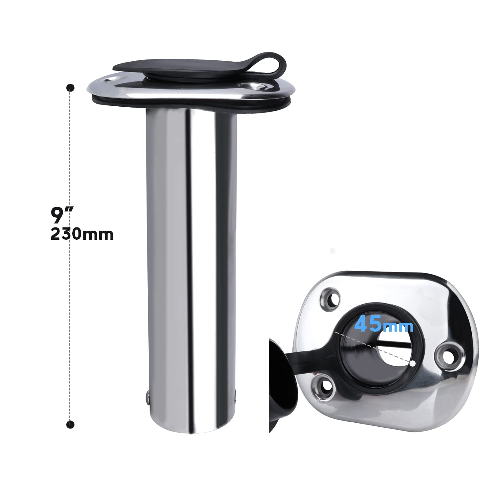 Marinebaby 2 Pcs Flush Mounting Fishing Rod Holders, 90 Degree Stainless Steel with Rubber Cap, Liner and Gasket, Screws Included