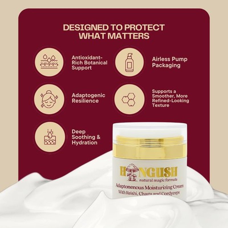 HONGUSH Facial Moisturizer – Hydrating Face Cream with Reishi, Chaga & Cordyceps, Lightweight Non Greasy Moisturizer for Dry, Sensitive & Combination Skin, Skin Barrier Support, 50 ml
