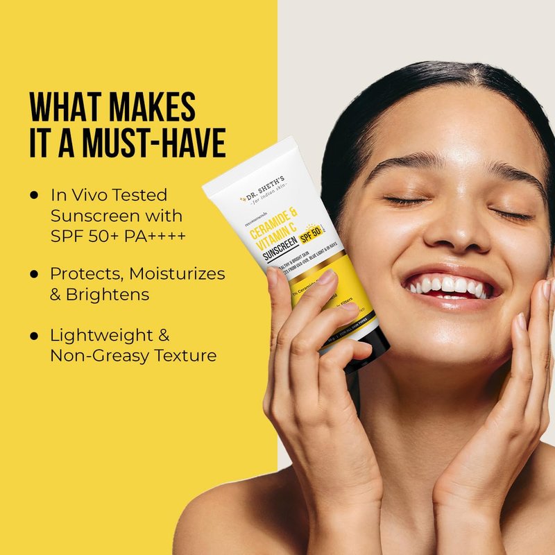 Dr. Sheth's Ceramide & Vitamin C Sunscreen SPF 50+ PA++++ In-Vivo Tested For Healthy & Bright Skin Lightweight & Non Greasy For UVA/UVB & Blue Light & IR Protection No white cast For All Skin Types