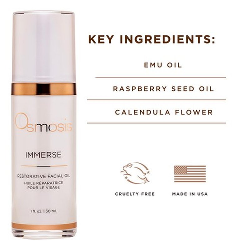 OSMOSIS IMMERSE Restorative Hydrating Facial Oil with Emu and Raspberry Seed Oil, and Calendula Flower, 1 fl oz