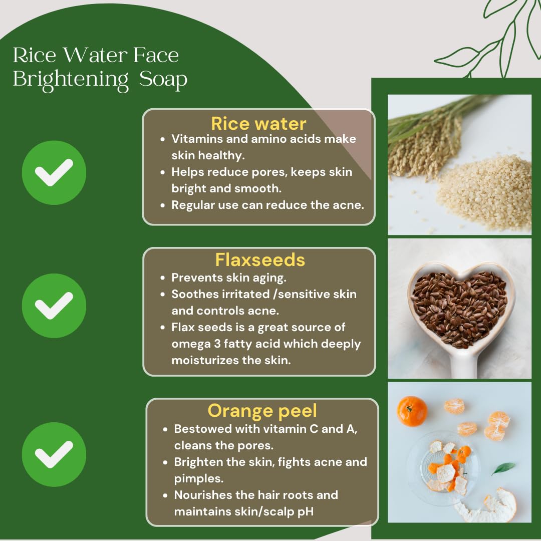 Rice Water Face & Body Soap Bar with Flaxseed & Orange Peel, Oatmeal Soap Base, Gentle Cleansing Bar for Daily Skin Care, Rose scent, 4 oz
