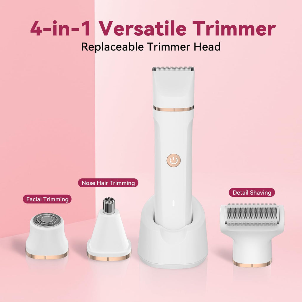 4-in-1 Electric Bikini Trimmer for Women - Painless Electric Razors for Facial/Body/Armpit/Pubic Hair, IPX7 Waterproof Replaceable Shaver Head & Nose Hair Trimmer for Travel, Gifts for Girlfriend Wife