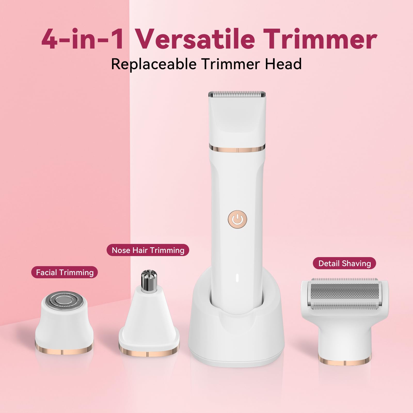 4-in-1 Electric Bikini Trimmer for Women - Painless Electric Razors for Facial/Body/Armpit/Pubic Hair, IPX7 Waterproof Replaceable Shaver Head & Nose Hair Trimmer for Travel, Gifts for Girlfriend Wife