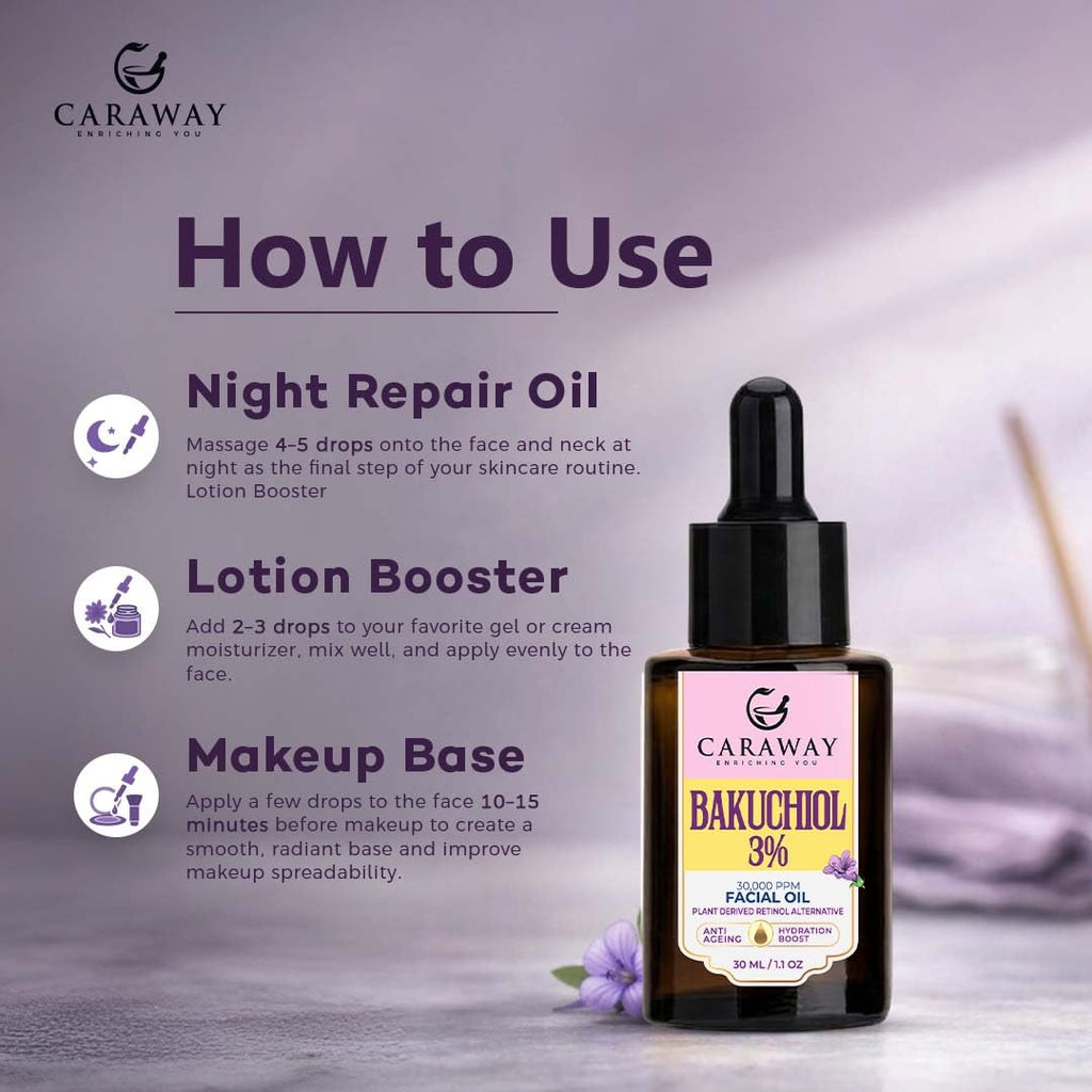 CARAWAY® Bakuchiol Oil 3% - 30,000 ppm Facial Oil – Retinol Alternative – Anti Ageing Oil – Suitable for Mature and Dry Skin | 30 ml