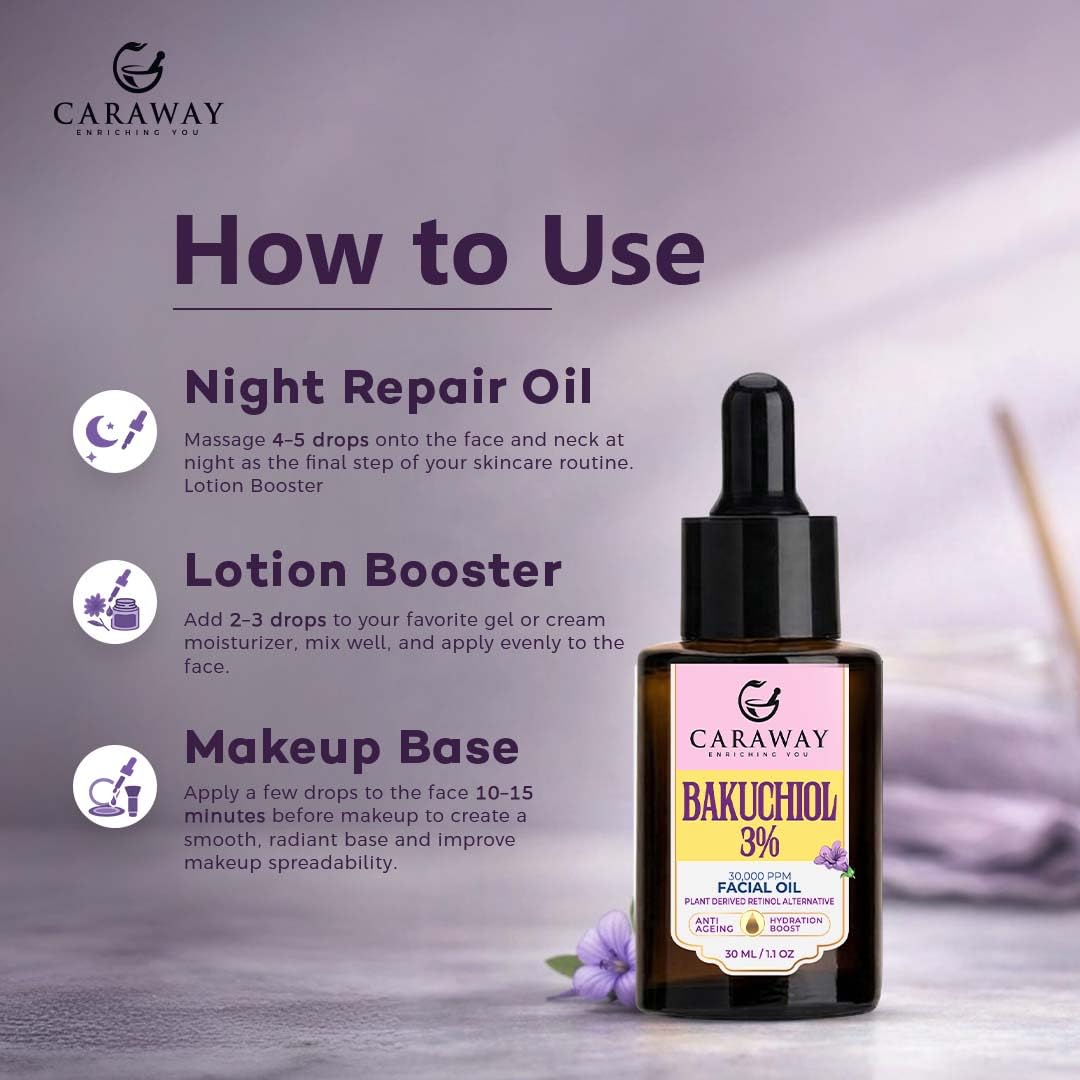 CARAWAY® Bakuchiol Oil 3% - 30,000 ppm Facial Oil – Retinol Alternative – Anti Ageing Oil – Suitable for Mature and Dry Skin | 30 ml