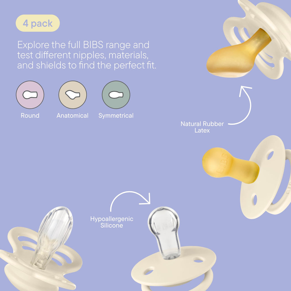 BIBS Try-It Collection | 4-Pack Soothers | BPA-Free Round, Anatomical & Symmetrical Nipple | Natural Rubber Latex/Silicone | Made in Denmark | 0-6 Months | Ivory