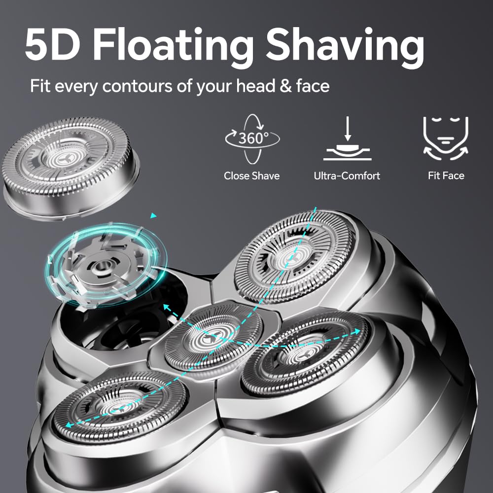 Electric 5D Floating Head Shavers for Bald Men, Rotary Shaver Face,Wet Dry IPX6 Waterproof Men's Razor, LED Display Rechargeable with USB Type-c Charge, Gifts for Men