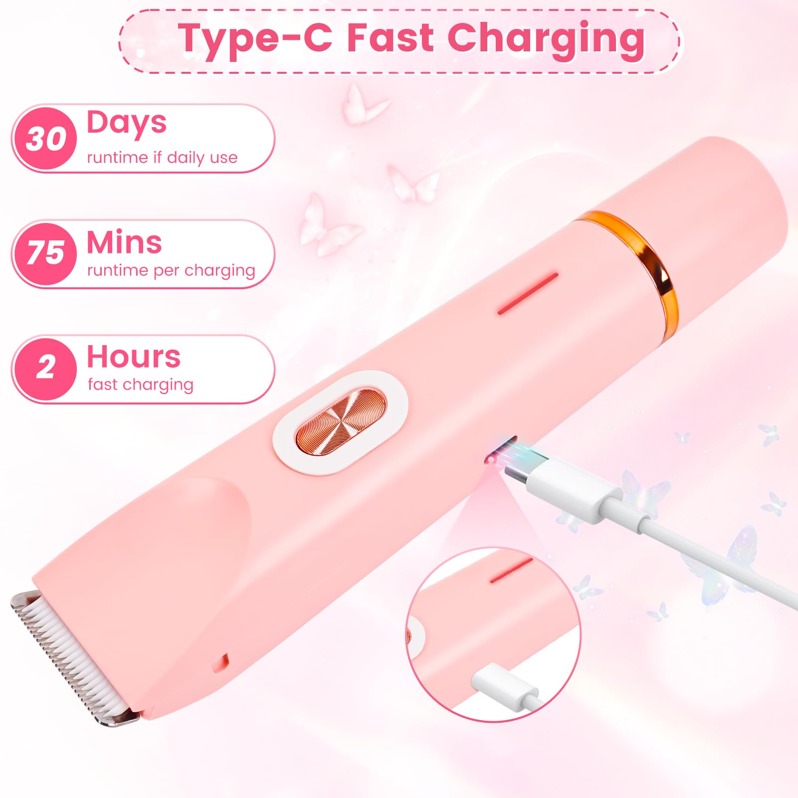 2 in 1 Bikini Trimmer for Women, Dual Head Electric Shaver, IPX7 Waterproof Wet & Dry Ceramic Blade Razors for Pubic Hair, Bikini Line, Legs, Underarms, Face, USB-C Rechargeable, Self-Care Gift, Pink