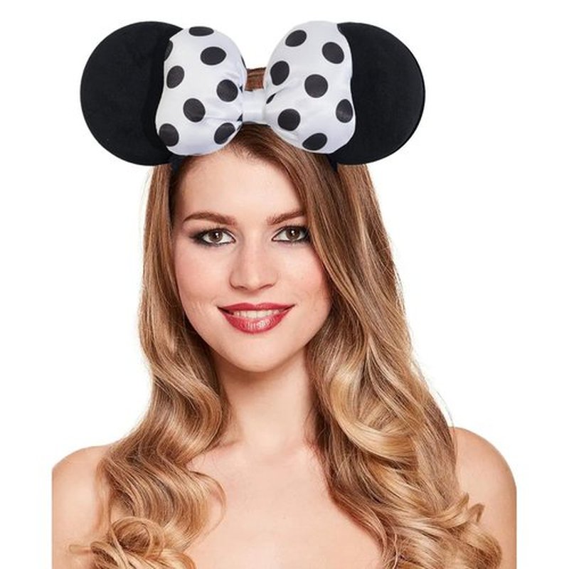 Jeffan Mouse Ear Headband with 3D Cotton Bow, Polka Dot Bow Mouse Party Costume Accessories for Women Girls (Black)