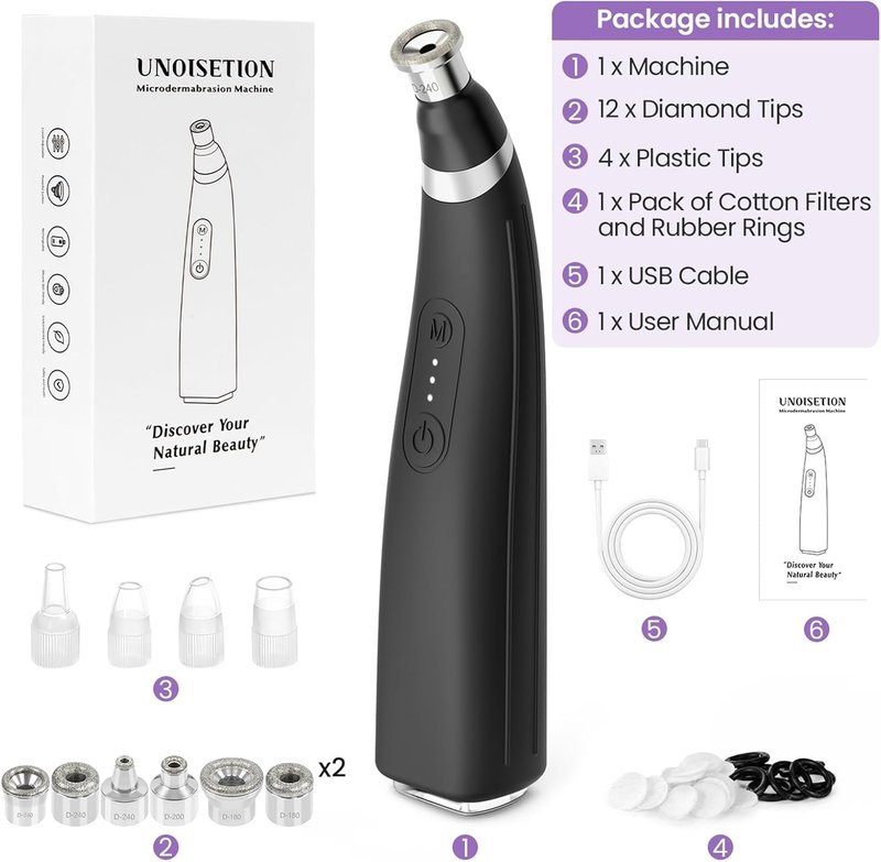 UNOISETION Diamond Microdermabrasion Machine - Rechargeable Facial Tool with 12 Tips | Blackhead Remover for Home & Travel