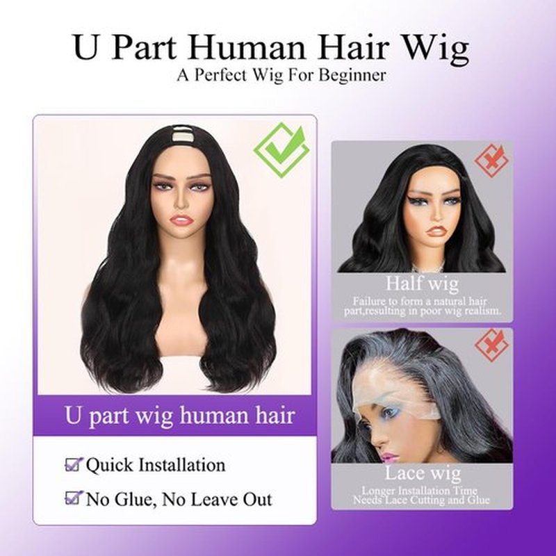 Amella 20 Inch U Part human hair Wig Full Head U Shape Clip in Wigs Upart Wig Human Hair Body Wave Half Wig Human Hair Extension for Black Women