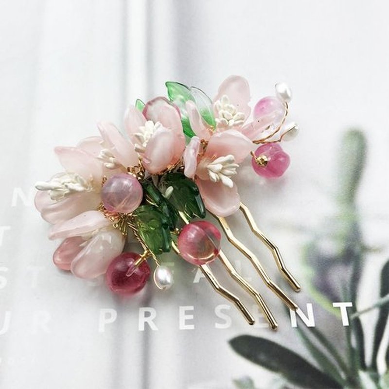 3PCS Handcrafted Cherry Blossom Hair Pins, Pink Floral Wedding Hair Accessories with Pearls, Traditional Chinese Style