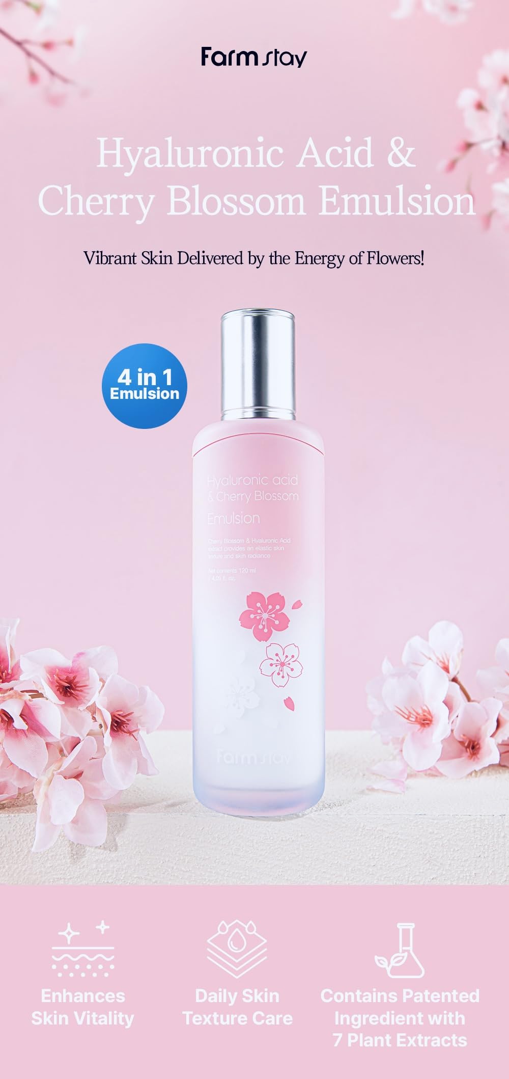 Farm Stay Hyaluronic Acid & Cherry Blossom Emulsion, Moisturizing Face Lotion, 120ml, 4.05 fl oz