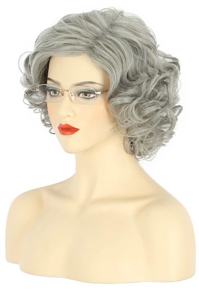 karlery Old Lady Short Bob Curly Grey Wig Natural Looking Daily Halloween Cosplay Party Wig