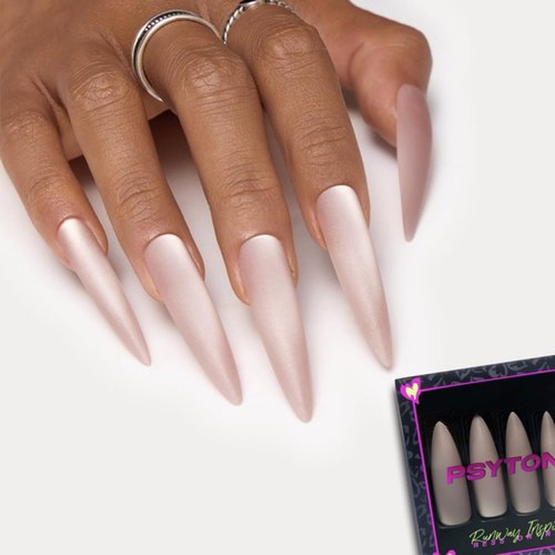 PSYTONE Matte Cat Eye Extra Long Stiletto Press On Nails|15 Sizes - 30 Nail, Frosted Nude Pink Reusable Fake Nails Kit with Glue & Tools, Velvet Matt Finish for Women, Wedding, Daily Wear