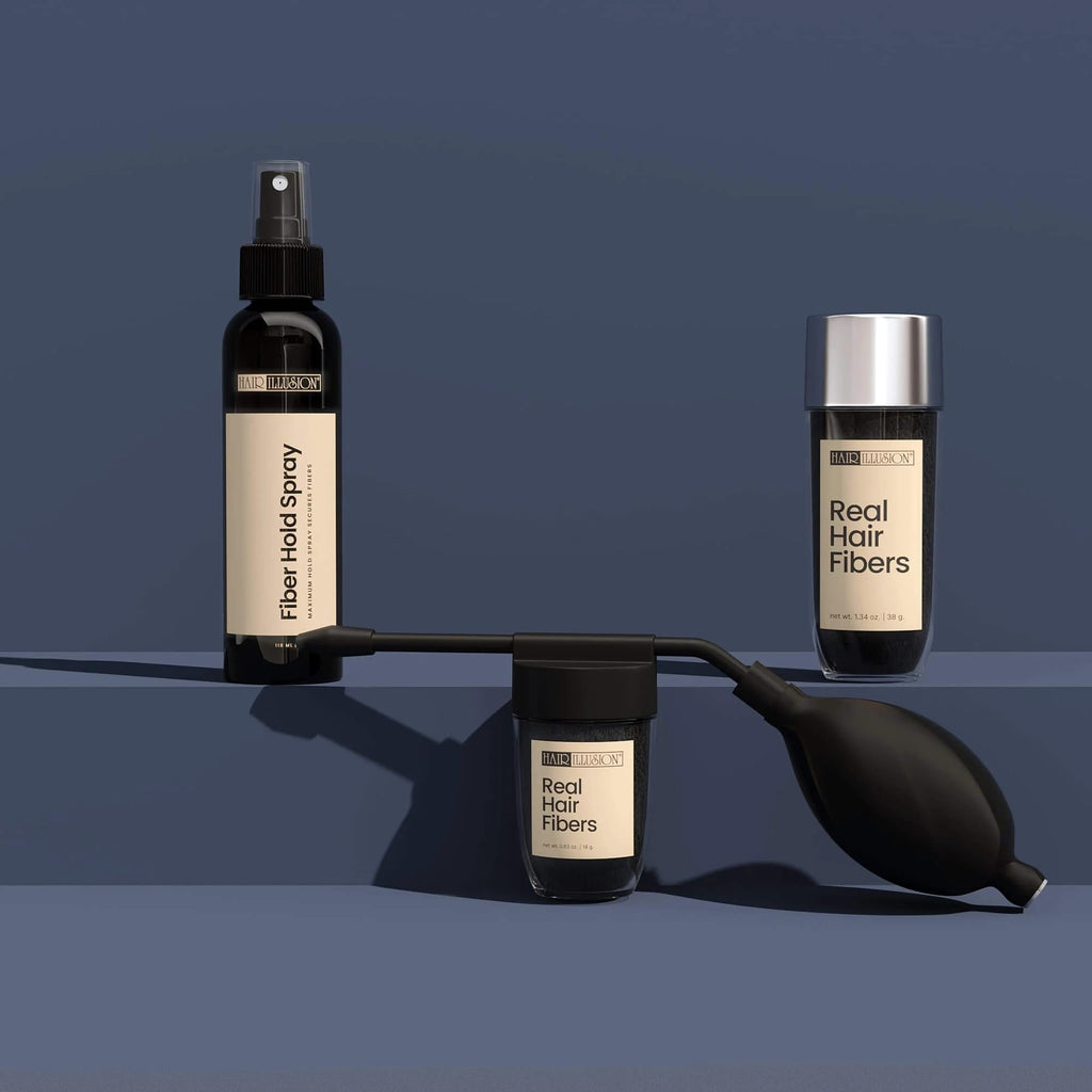Hair Illusion Combo Kit - Hold Spray, 38g Hair Fiber Bottle, Applicator & Hairline Optimizer