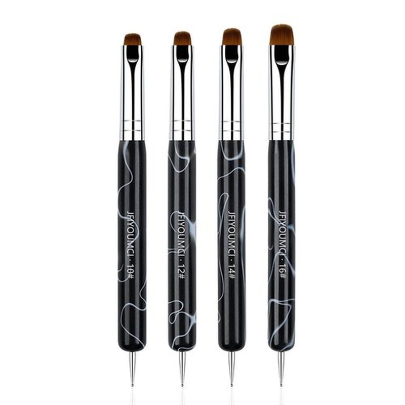 JFIYUOMCI French Nail Brush Set, 2 Way Dotting Tool and French Tip Brush, Gel Acrylic Nails Art Design Pen, Nail Clean Up Brushes for Professional Manicure Tools, Size 10#,12#, 14#, 16# - Marble Black