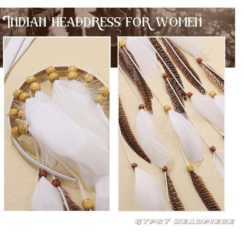 GORTIN Boho Feather Headband Indian Hippie Headpiece White Gypsy Feather Headdress Bohemian Costumes Hair Accessories for Women