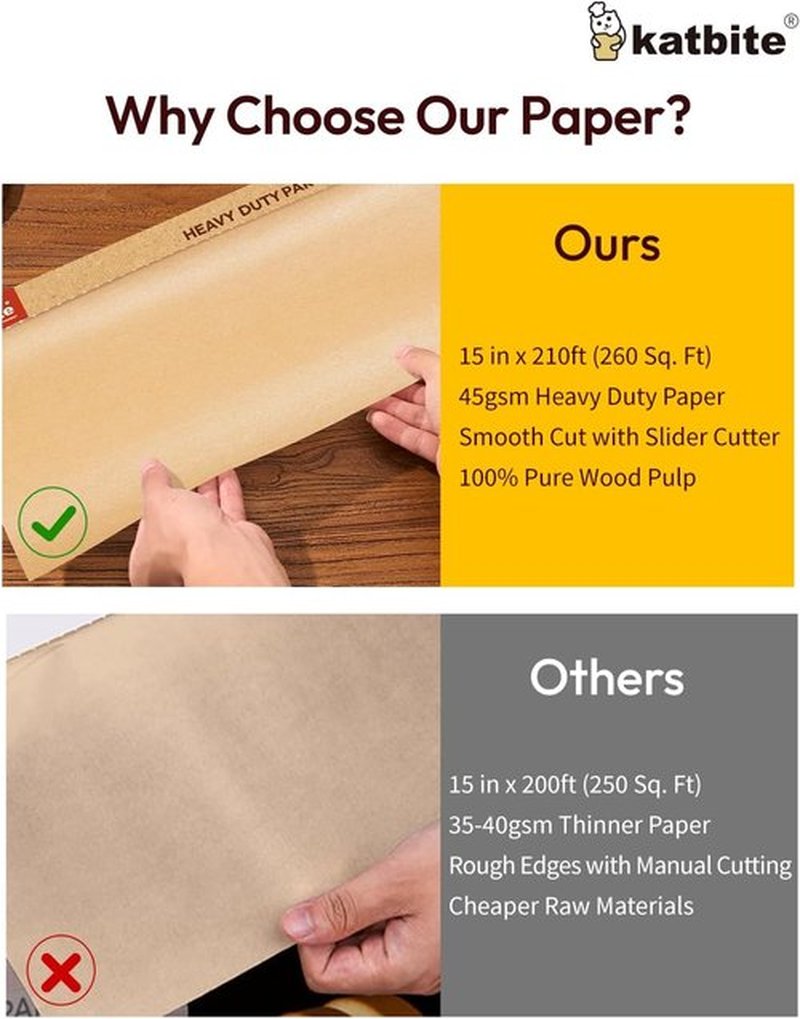 Katbite Unbleached Parchment Paper Roll - Heavy Duty Non-Stick Baking Paper, 15 in x 210 ft
