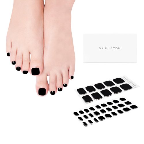 DANNI & TONI Semi Cured Gel Pedi Strips (Black Panther) Toenail Black Solid Color Pedicure Gel Nail Stickers for Toes 37 Stickers