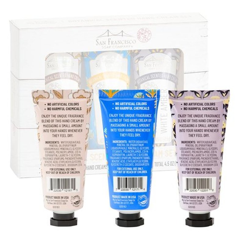 San Francisco Soap Company Botanical Hand Cream 3 Piece Set | Jasmine & Sandalwood, Lotus & Shea Butter, Violet & White Amber | Made in USA |