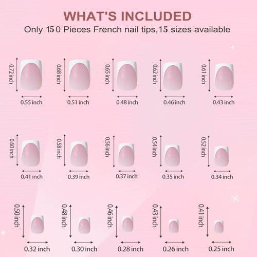 Dsixnails Short Pink Glitter Base Soft Gel Nail Tips, 150Pcs Square French Tip Press On Nails, Pre-Lasting Acrylic Fake Nails, Soak Off Full Cover Nails Extension for Women Girl 15Sizes