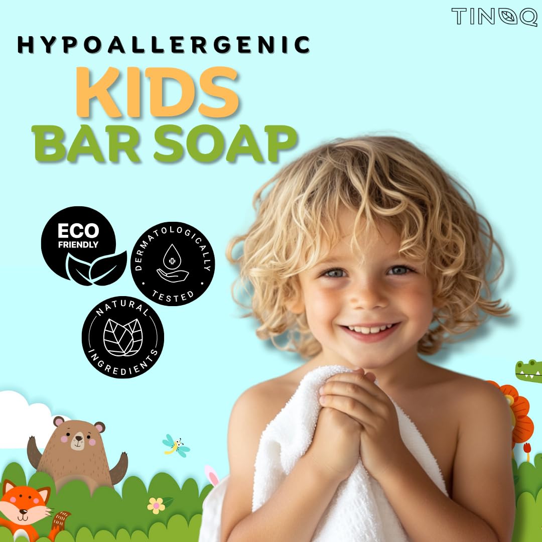 TINOQ Kids Soap Bar | Hypoallergenic for Sensitive Skin | Natural & Organic Ingredients | Calming Green Tea | Eco Zoo Packaging for Kids & Earth | 2 Bars – 3.5 oz Each