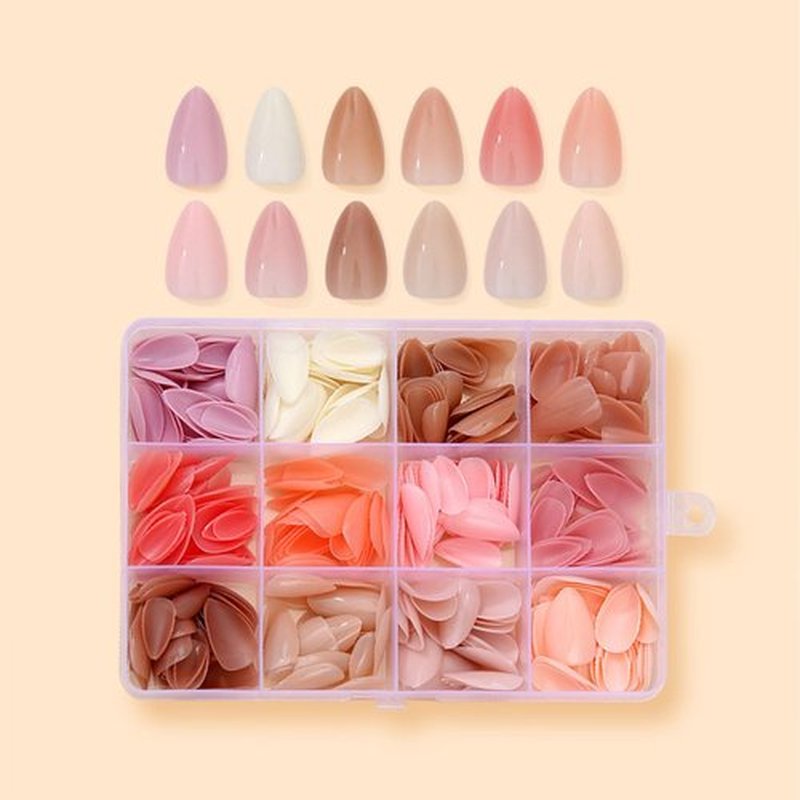 12 Packs (360Pcs) Press on Nails Short Almond Nail Tips Solid Color Nails Press Ons Glossy Nature with Designs Fake Nails Full Cover Daily Acrylic Nails for Women Nails Art- Light Color