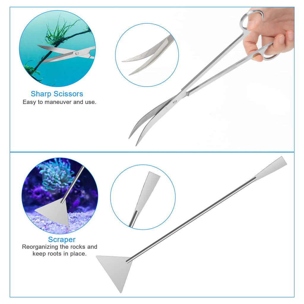 Extra Long Aquarium Aquascaping Tools Kit 8 in 1, Liveek Stainless Steel Aquarium Plant Tools Long Fish Tank Aquascape Tweezers Scissors Scrapers, PH Paper, Fish Net, Aquascape Clean Brush, Bag