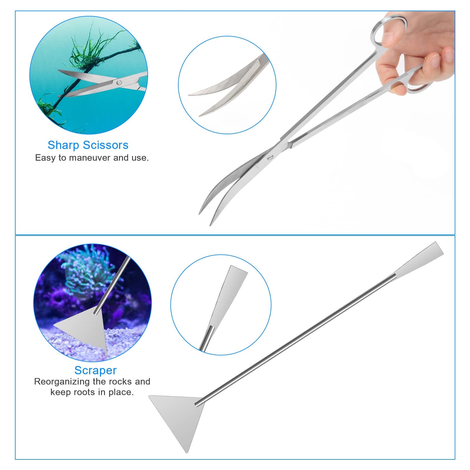 Extra Long Aquarium Aquascaping Tools Kit 8 in 1, Liveek Stainless Steel Aquarium Plant Tools Long Fish Tank Aquascape Tweezers Scissors Scrapers, PH Paper, Fish Net, Aquascape Clean Brush, Bag