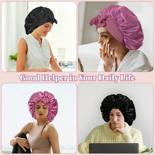 2 Pcs Large Satin Silk Bonnet for Sleeping Women, Adjustable Hair Bonnets for Sleeping with Tie Band, Silk Bonnet Sleep Cap for Curly Hair Long Braids (Black+Rose Pink)